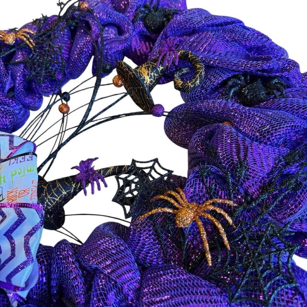 Handmade Purple Halloween Deco Mesh Wreath with Ribbon Bow, Spiders & Webs 20